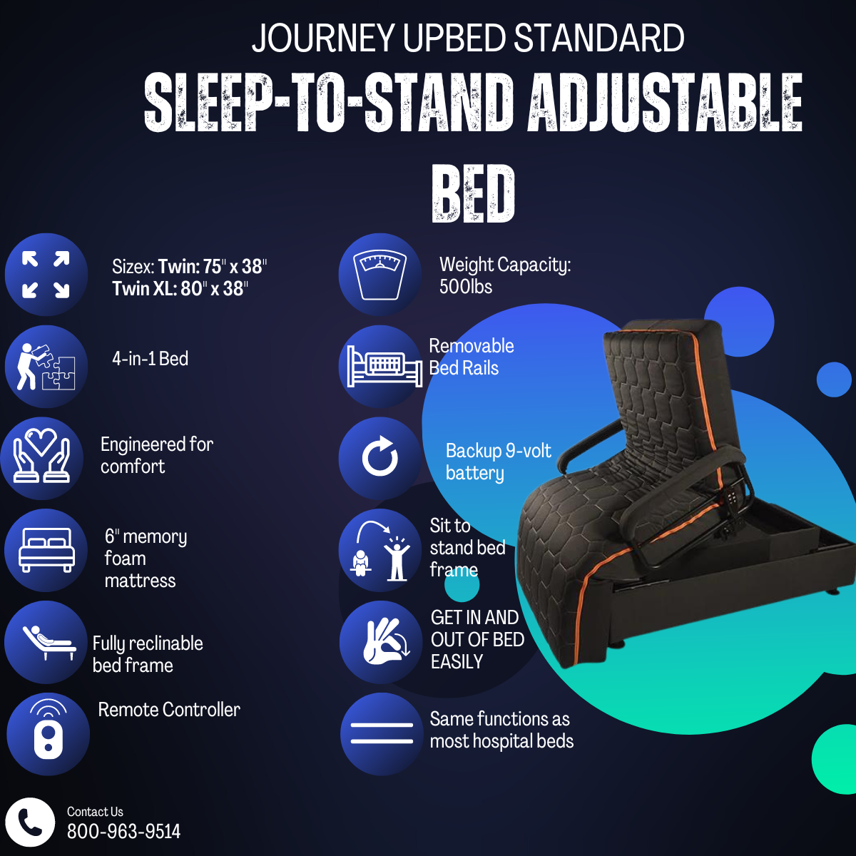 Journey UPbed Standard Sleep To Stand Adjustable 4-in-1 Bed