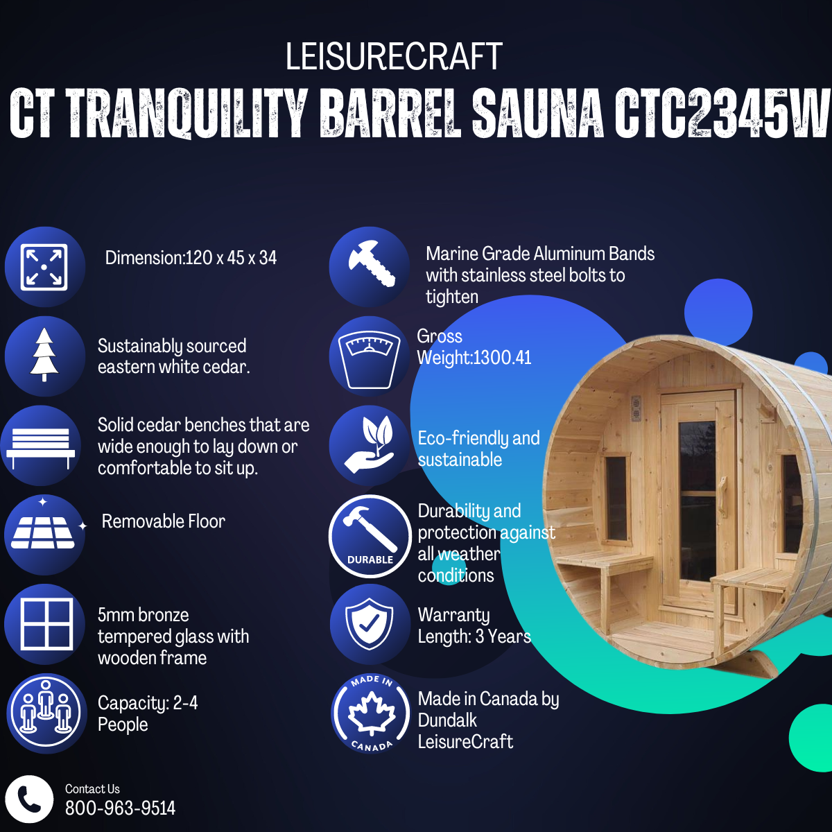 Dundalk Leisurecraft CT Tranquility Barrel Sauna CTC2345W