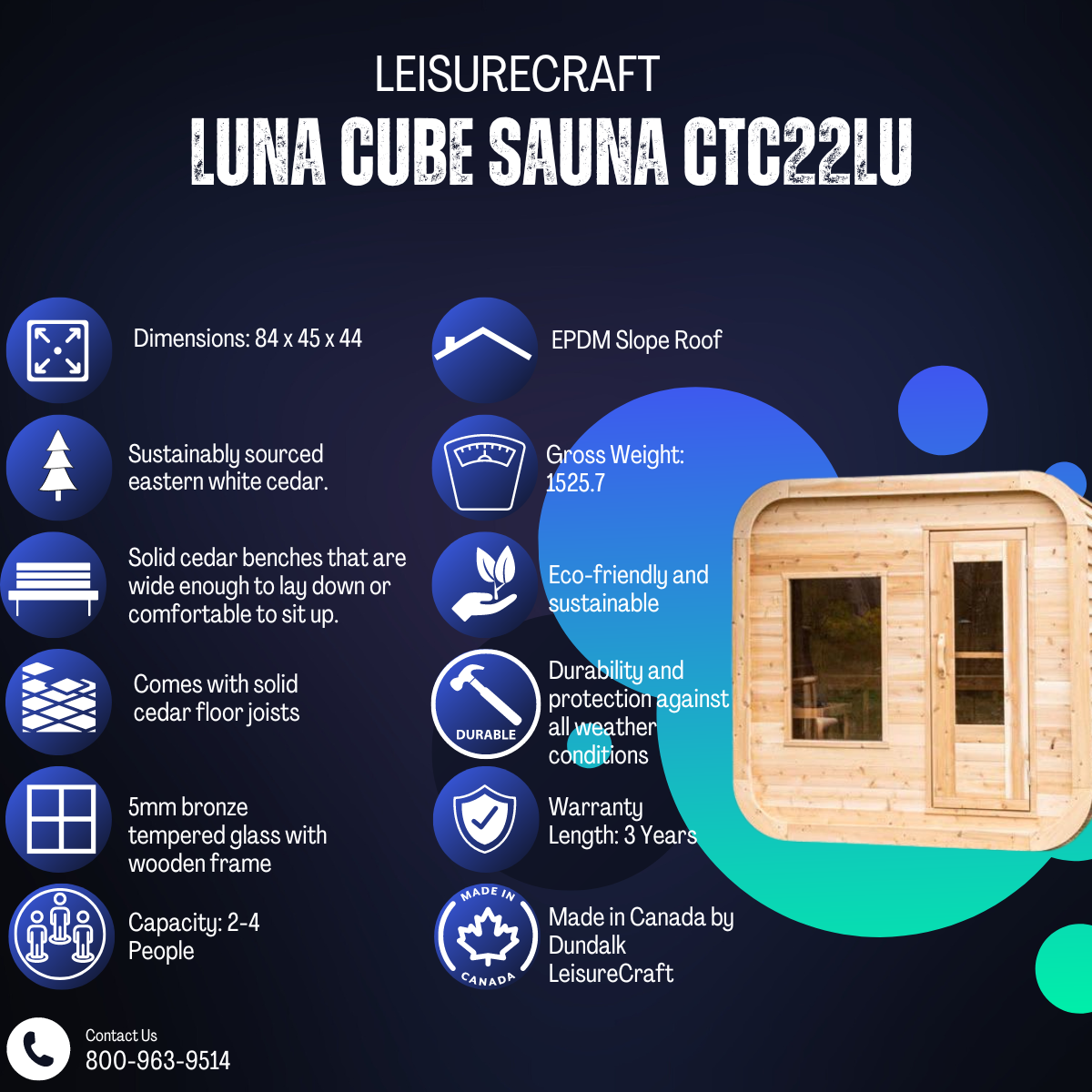 Dundalk Leisurecraft Luna Cube 4 Person Sauna CTC22LU