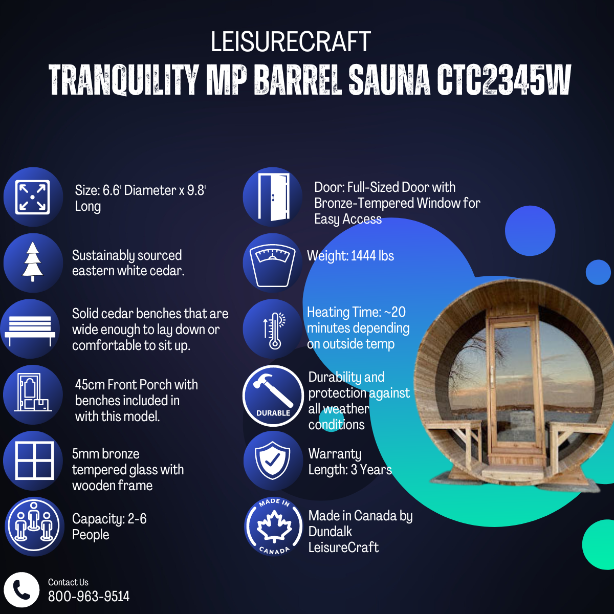 Dundalk Leisurecraft Tranquility MP Barrel Sauna CTC2345W