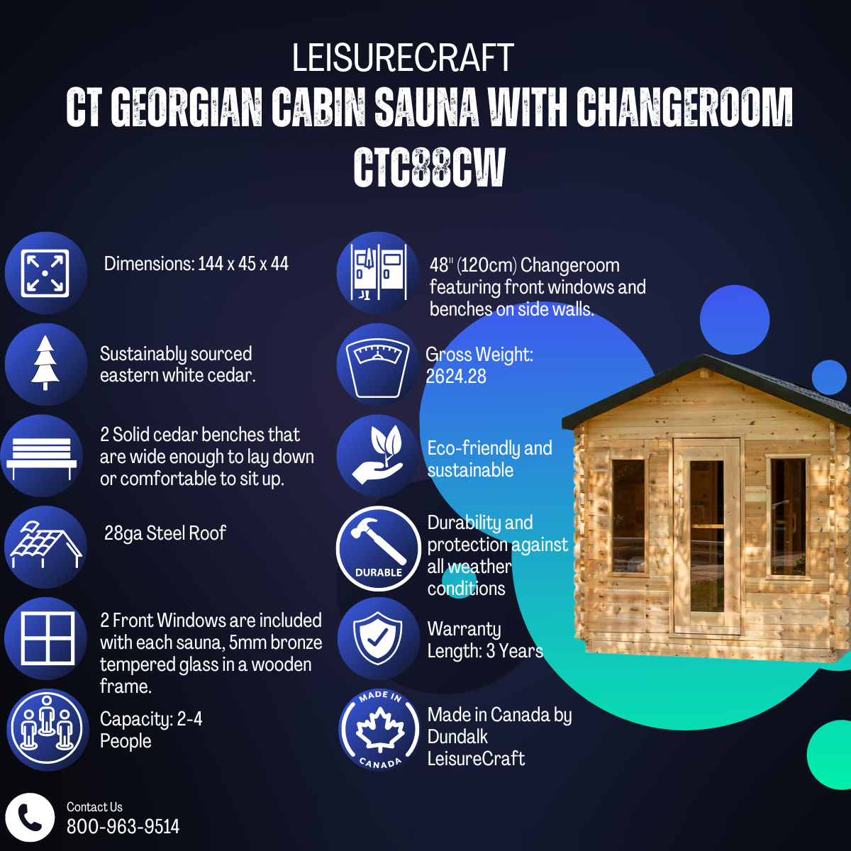 Dundalk Leisurecraft CT Georgian Cabin Sauna With Changeroom CTC88CW