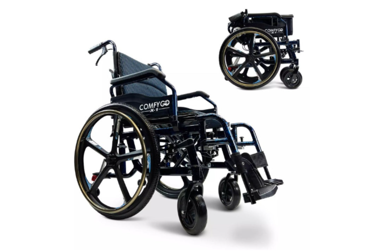 Black wheelchair shown in folded and unfolded configurations