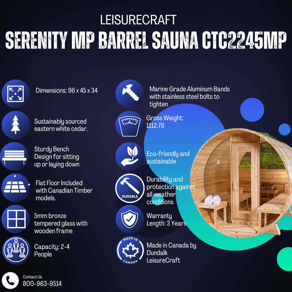 Dundalk Leisurecraft Serenity MP Barrel Sauna CTC2245MP