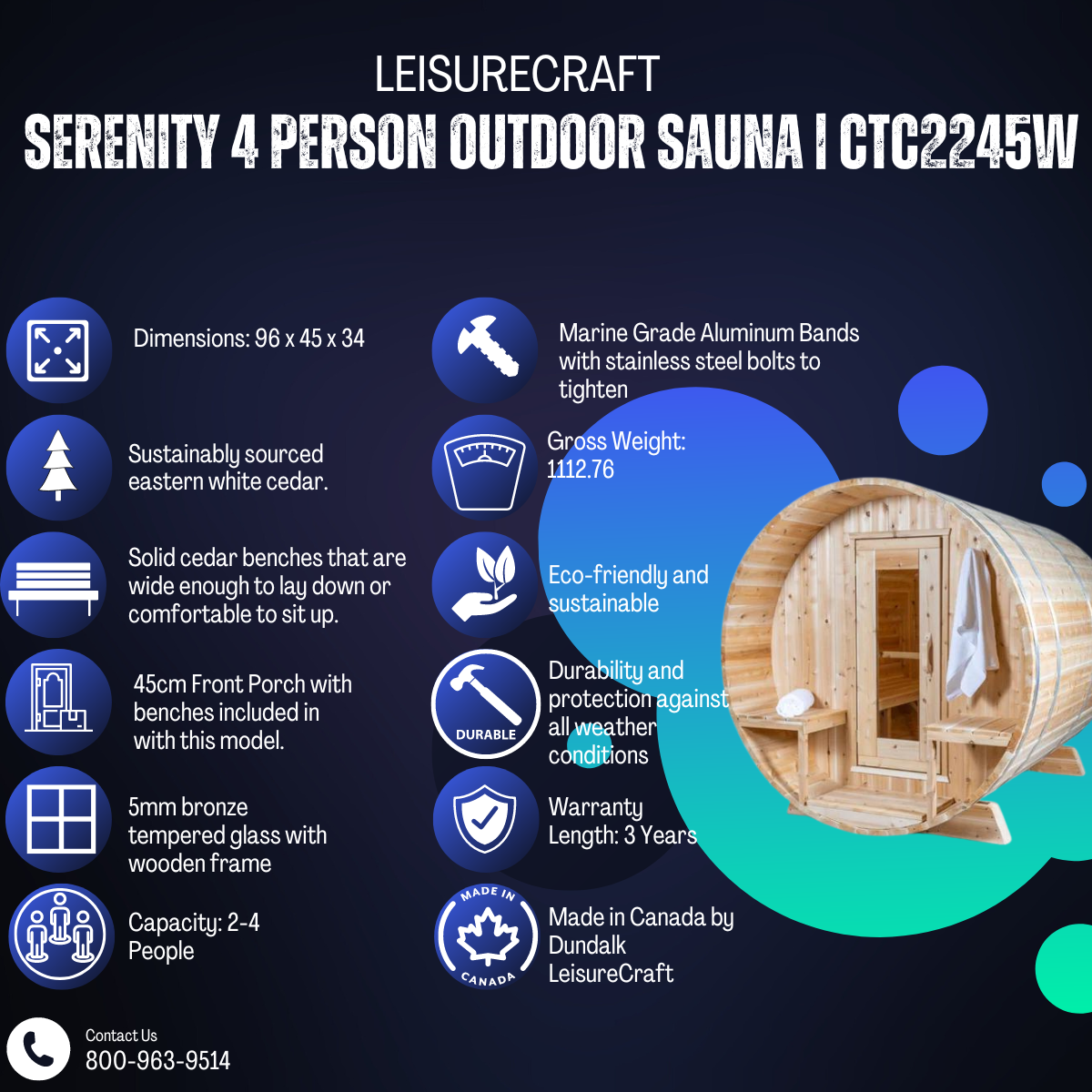 Dundalk Leisurecraft Serenity 4 Person Outdoor Sauna | CTC2245W